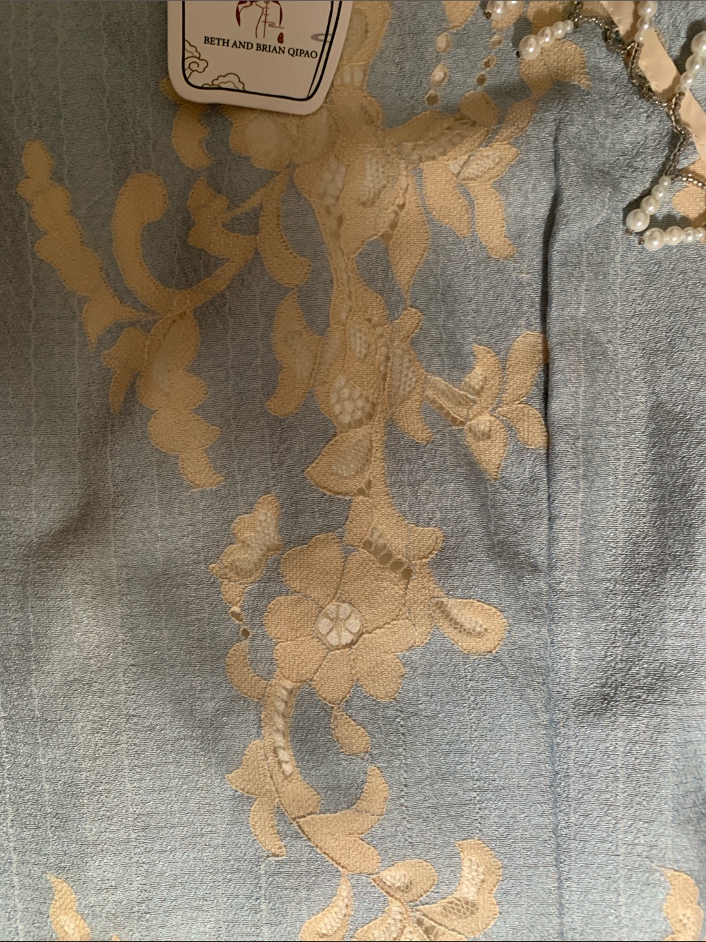 Embroidered Pale Blue Midi Dress With Gold Lace Accents — image 7 of 8